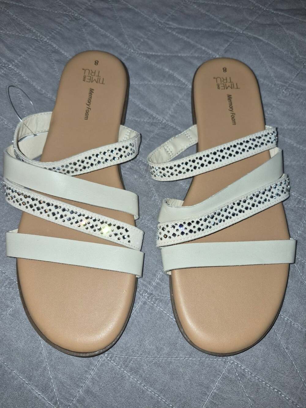 Time and Tru Asymmetric Strappy Sandals Size 8 White Rhinestone